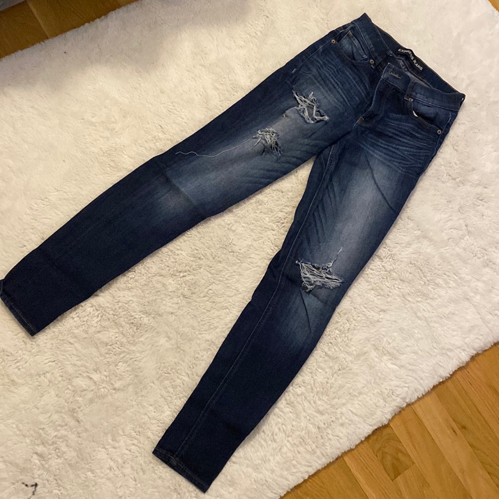 Express, high rise, dark wash, skinny jeans.